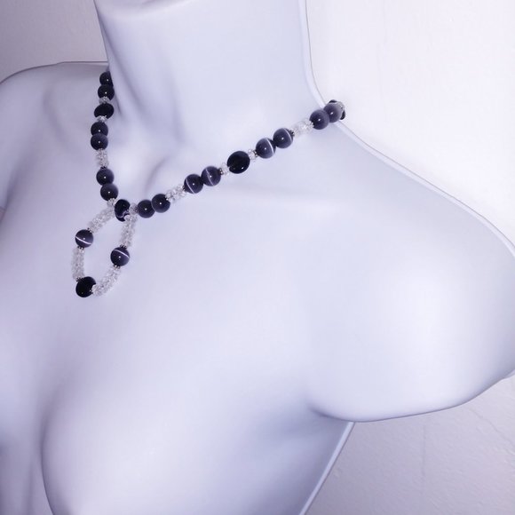 Handmad Charcoal Agate Beaded Necklace With Clear Beads Hand Crafted 17 inches - Picture 9 of 11